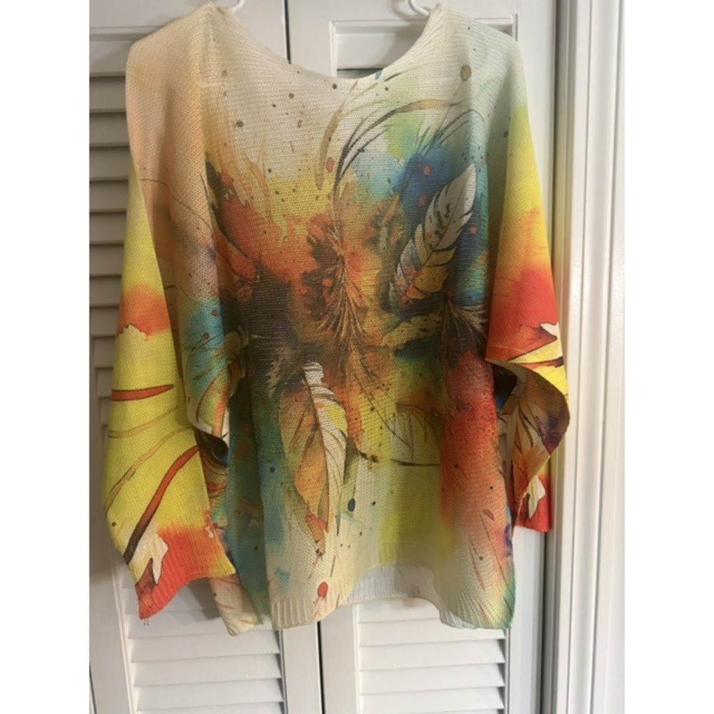 L150 Loowie Fall Floral Feather Round Neck Knit Printed Sweater One Size